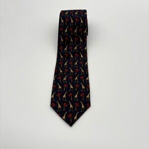 The Custom Shop Silk Necktie Navy Blue With Yellow Giraffes & Red Palm Trees